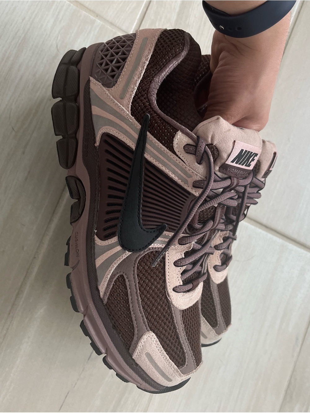 Nike Women’s Vomero 5 in Brown and Light  Pink with Black Swoosh